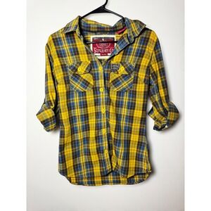 Superdry Co Denim Goods Plaid Button Up Shirt Yellow‎ Blue Long Sleeve Size L